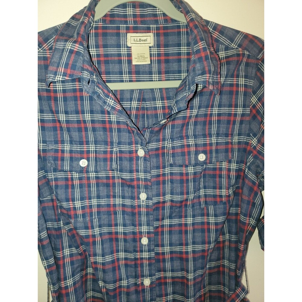 L.L. Bean Plaid Belted Shirt Dress Size S Small Red Blue 100% Cotton Roll Tab - Picture 5 of 16